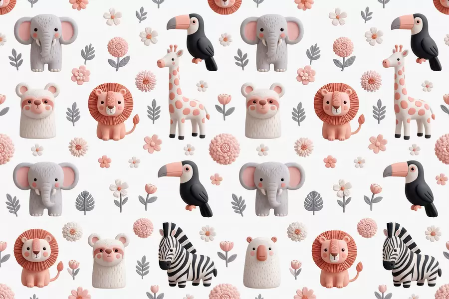 murales de pared Safari en tonos suaves: jirafas, leones, elefantes y tucanes w09994
