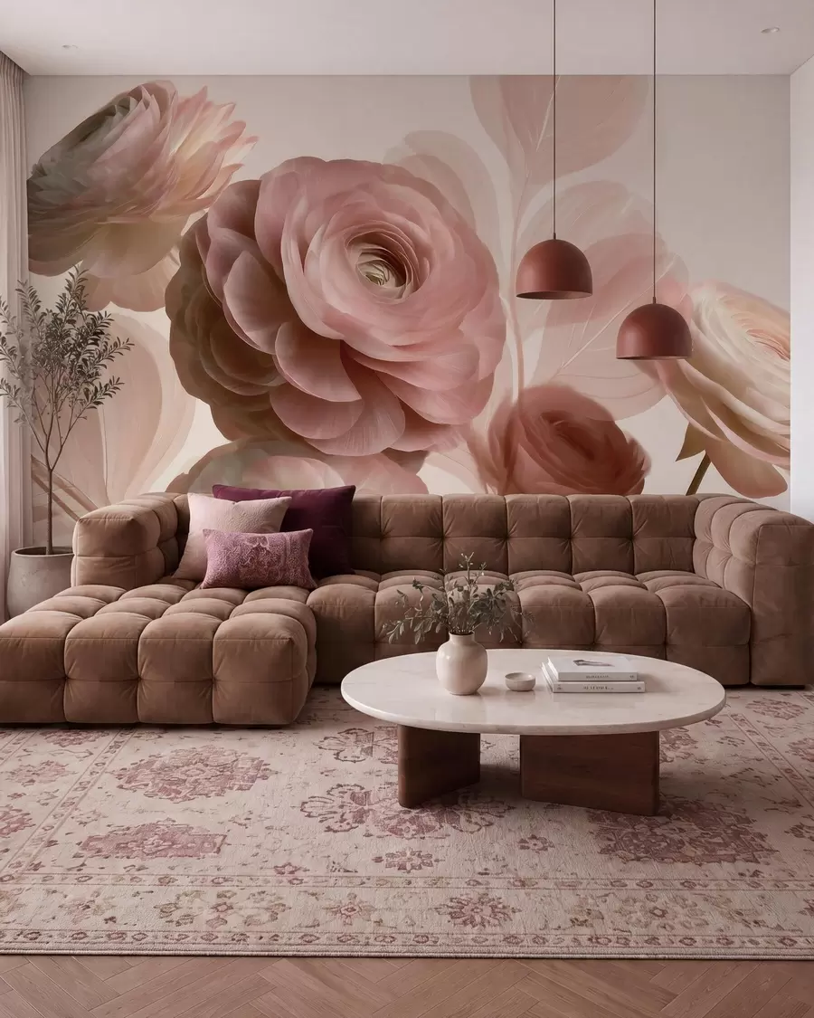 murales de pared Flores de ranúnculo de color rosa empolvado, de gran tamaño, con pétalos translúcidos en suaves tonos rosa y beige w09998