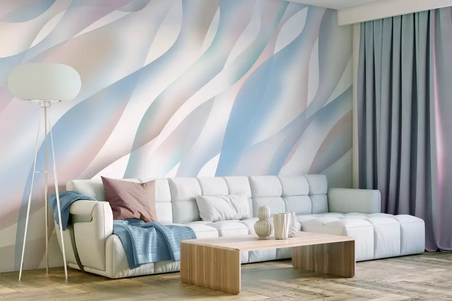 murales de pared Olas abstractas en tonos azules, rosas y beige sobre un fondo blanco w05758v1