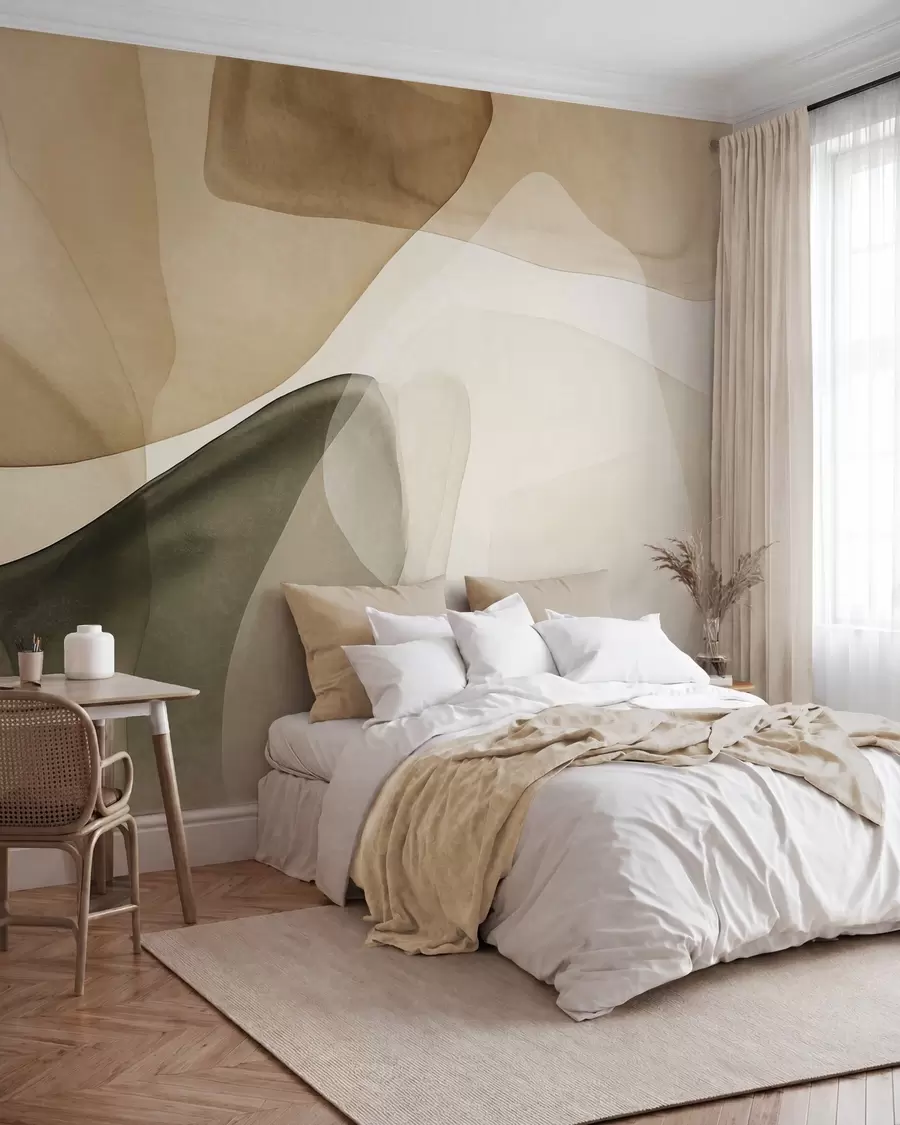 murales de pared Formas abstractas en tonos beige y verde, con un efecto de capas texturizadas y translúcidas w10022