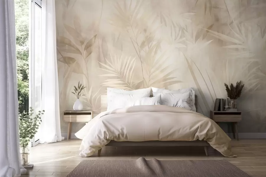 murales de pared Hojas de palmera en tonos beige y crema apagados, con un fondo suave, selva tropical w10023