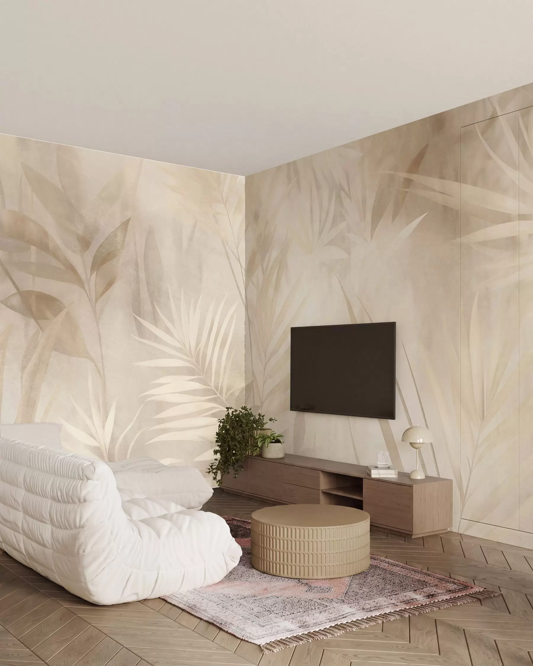 murales de pared Hojas de palmera en tonos beige y crema apagados, con un fondo suave, selva tropical w10023