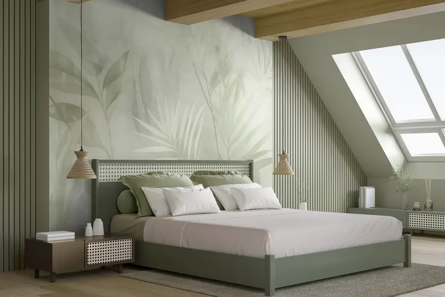 murales de pared Hojas de palmera en tonos verdes apagados, con un fondo suave, selva tropical w10023v1