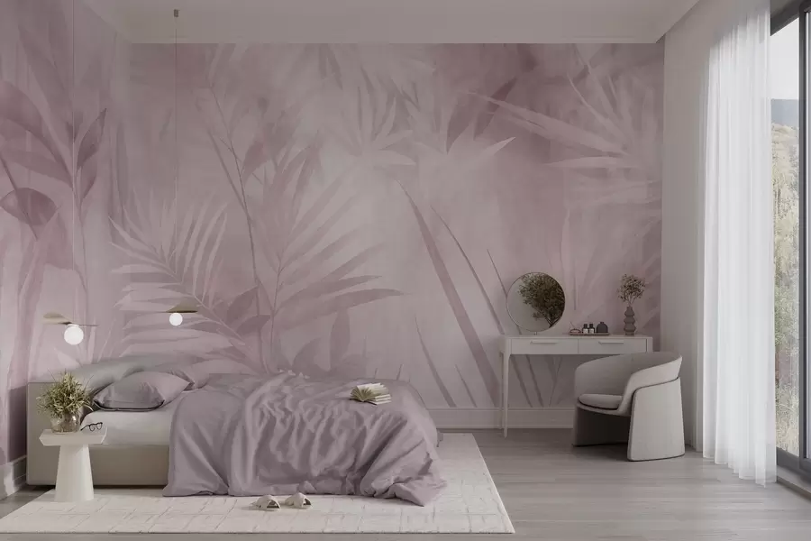 murales de pared Hojas de palmera en tonos rosados apagados, con un fondo suave, selva tropical w10023v3