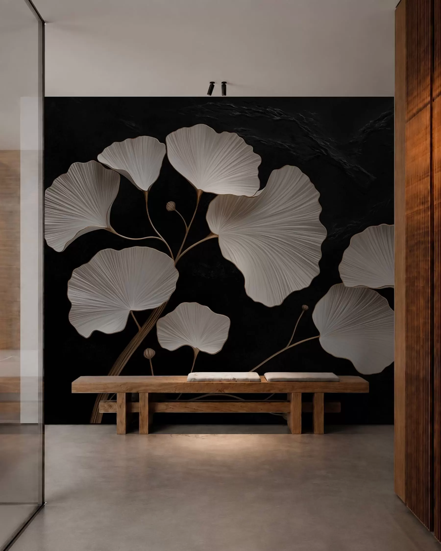 murales de pared Hojas blancas en forma de abanico sobre un fondo negro w05860