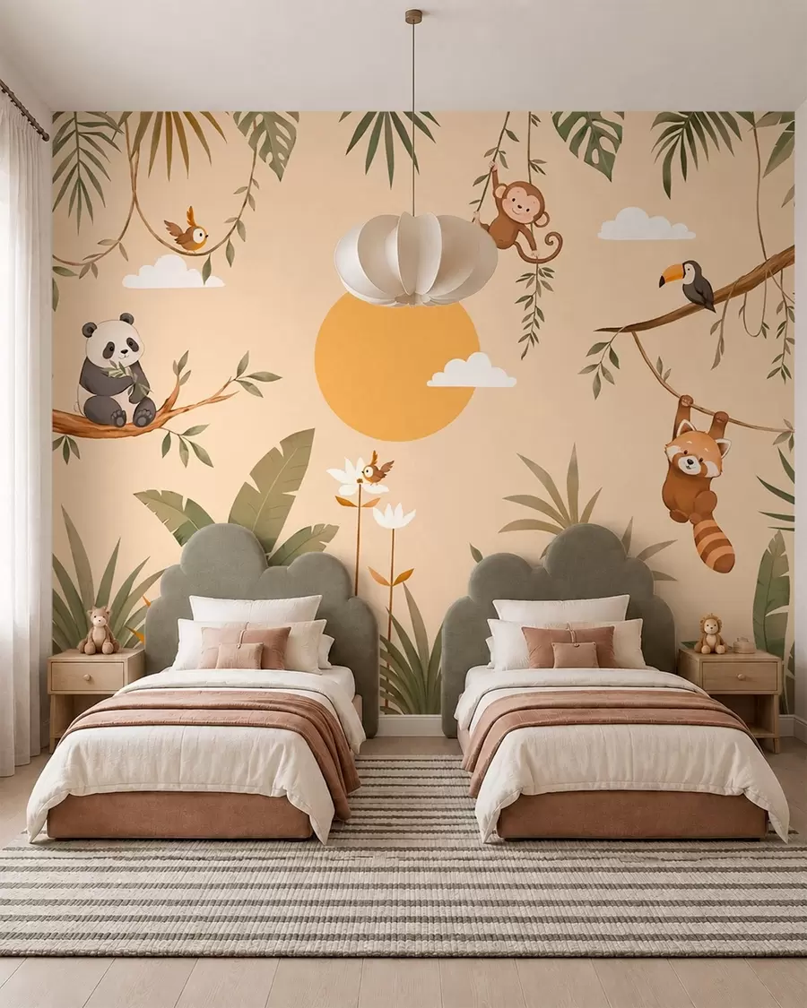 murales de pared Animales tropicales, vegetación y sol sobre un fondo cálido w05865v1