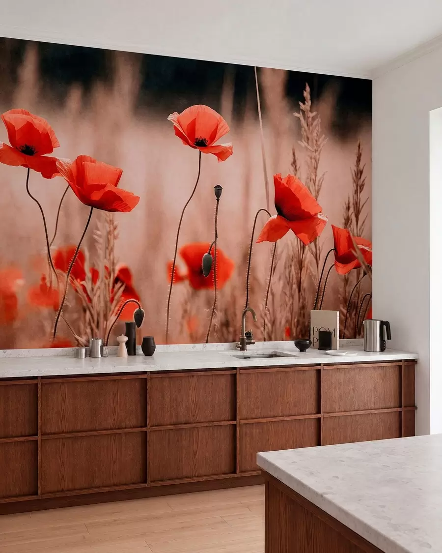 murales de pared Amapolas de un rojo intenso entre la hierba seca w05866