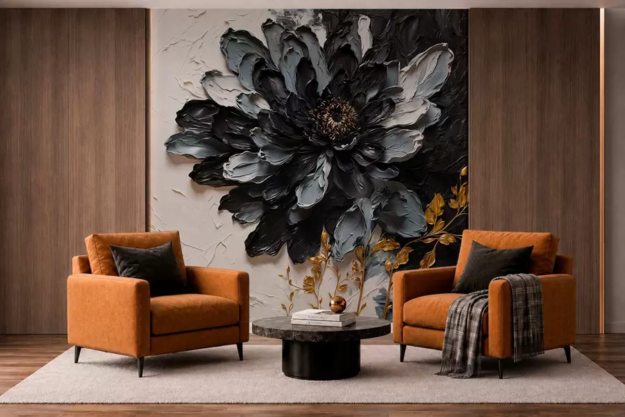 murales de pared Flor con textura en negro y gris con ramas decorativas w05883