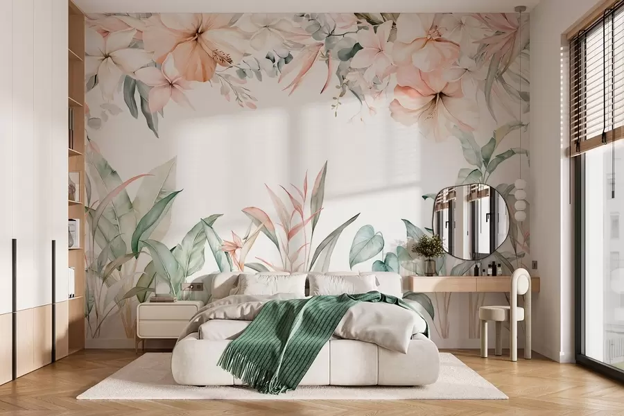 murales de pared Una composición tropical de flores y plantas en estilo acuarela, en tonos delicados w05870