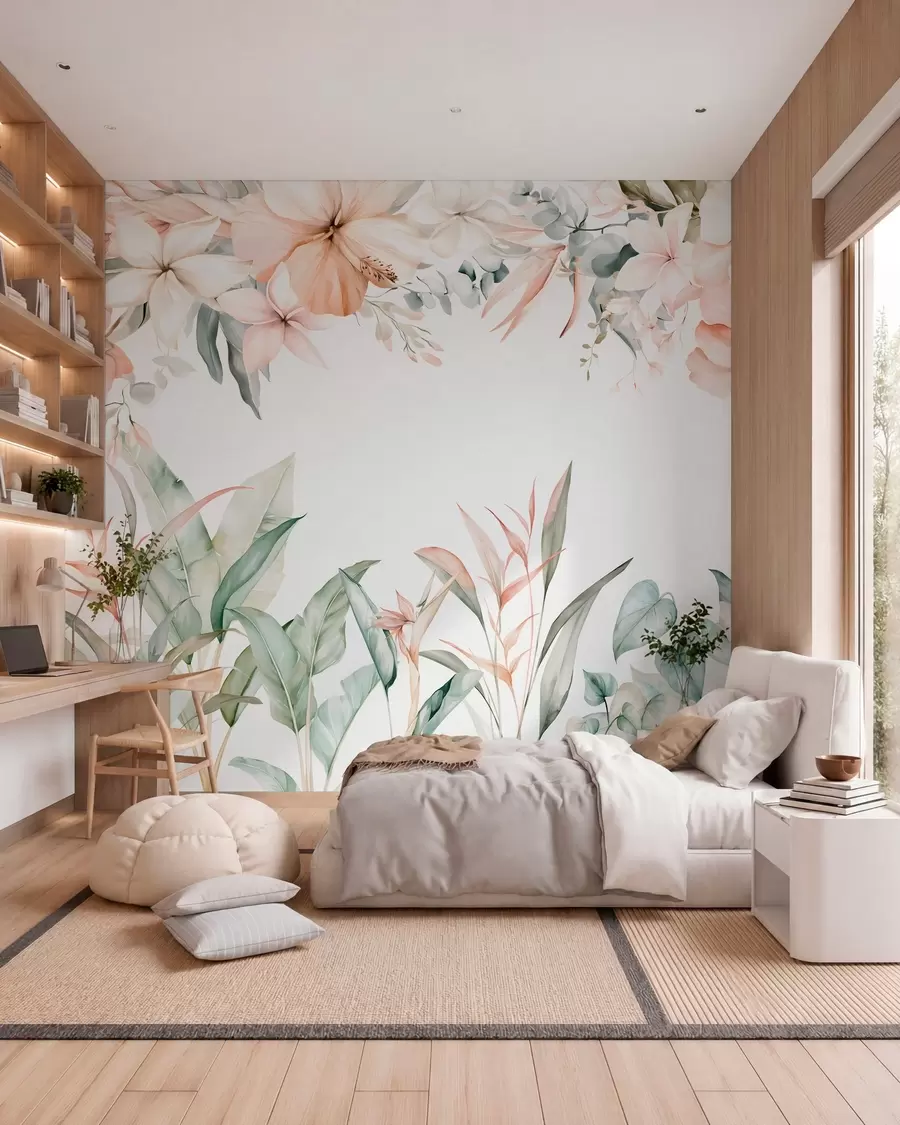 murales de pared Una composición tropical de flores y plantas en estilo acuarela, en tonos delicados w05870