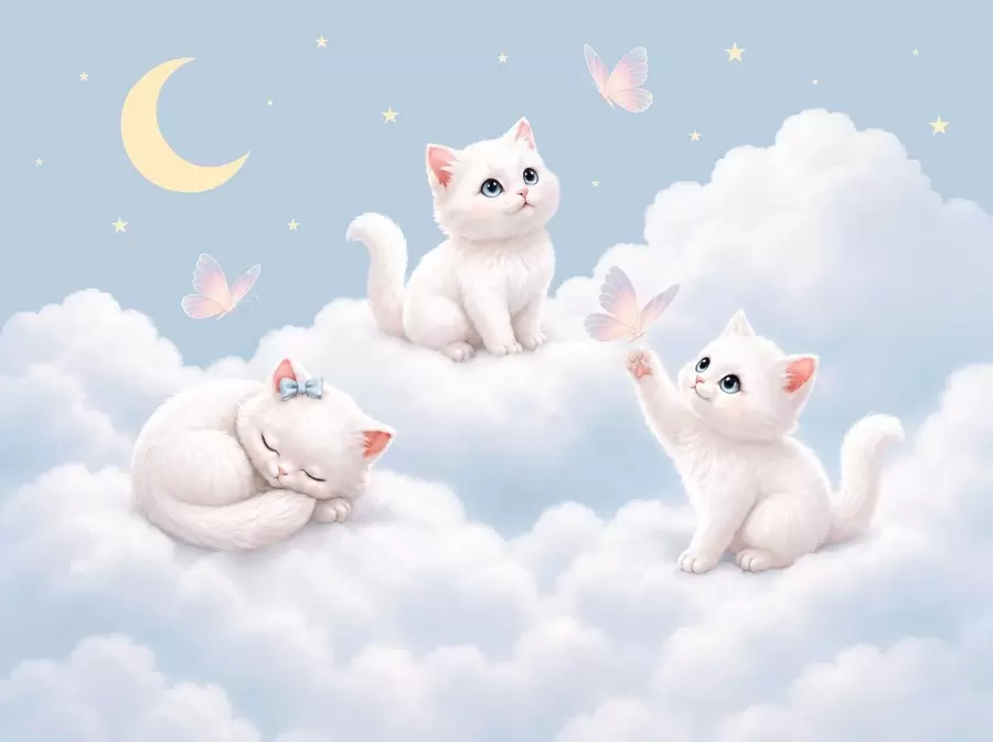 murales de pared Gatitos monísimos con mariposas entre las nubes w05841