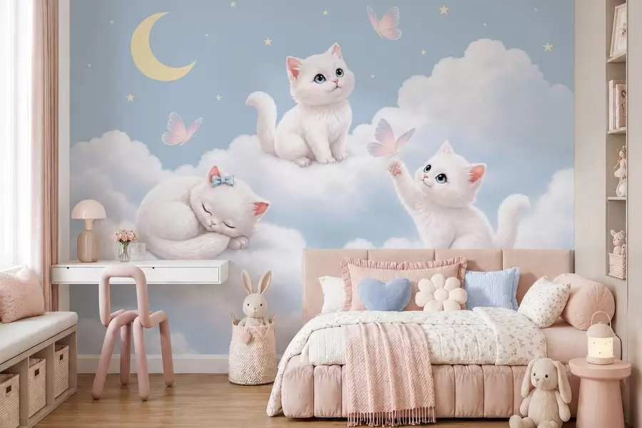 murales de pared Gatitos monísimos con mariposas entre las nubes w05841