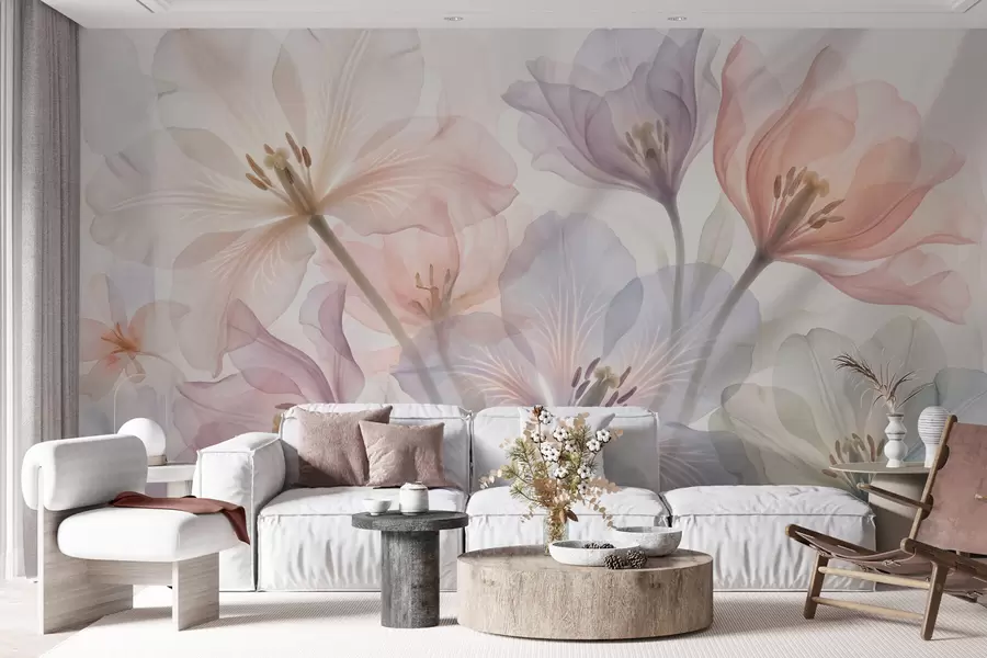 murales de pared Delicadas flores transparentes en tonos pastel, al estilo de la acuarela w09999