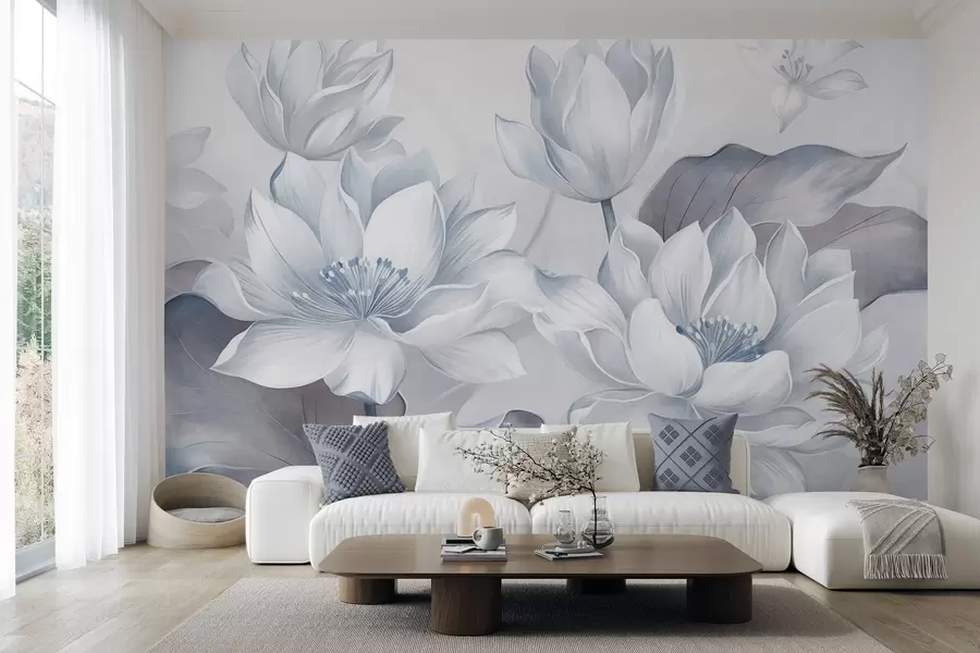 murales de pared Flores de loto con textura y pétalos delicados, y hojas grandes de un azul apagado w10027v1