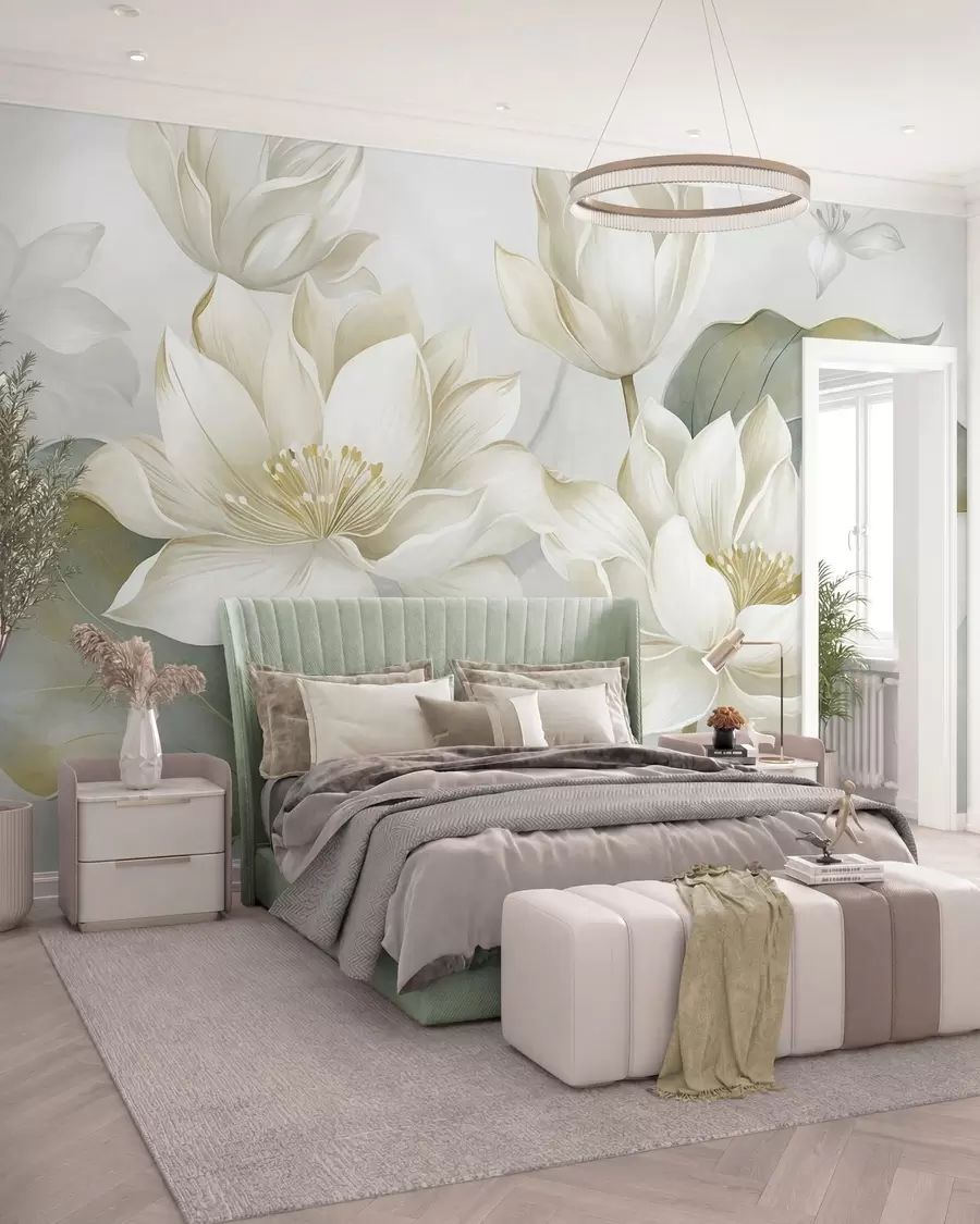 murales de pared Flores de loto con textura y pétalos delicados, y hojas grandes de color verde apagado w10027