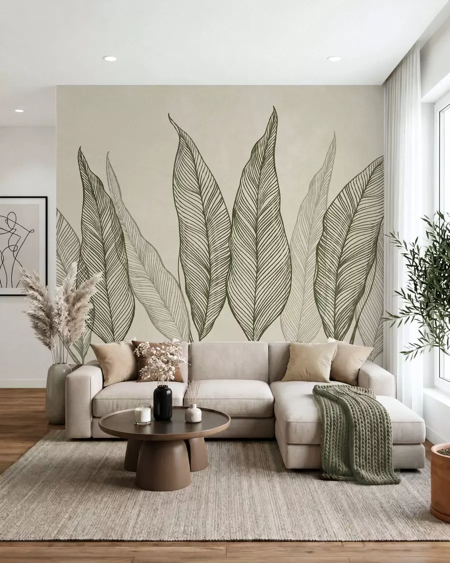 murales de pared Hojas verdes estilizadas con detalles de líneas intrincadas sobre un fondo beige; ilustración con textura w10030