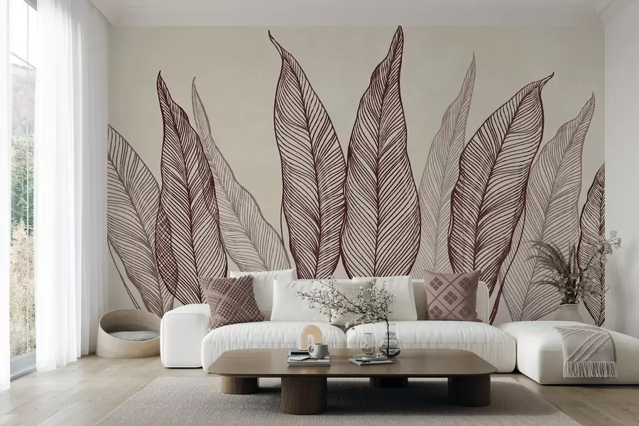 murales de pared Hojas de color burdeos estilizadas con detalles de líneas intrincadas sobre un fondo beige, obra de arte con textura w10030v1