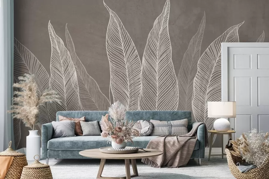 murales de pared Hojas blancas estilizadas con intrincados detalles de líneas sobre un fondo marrón, obra de arte con textura w10030v4
