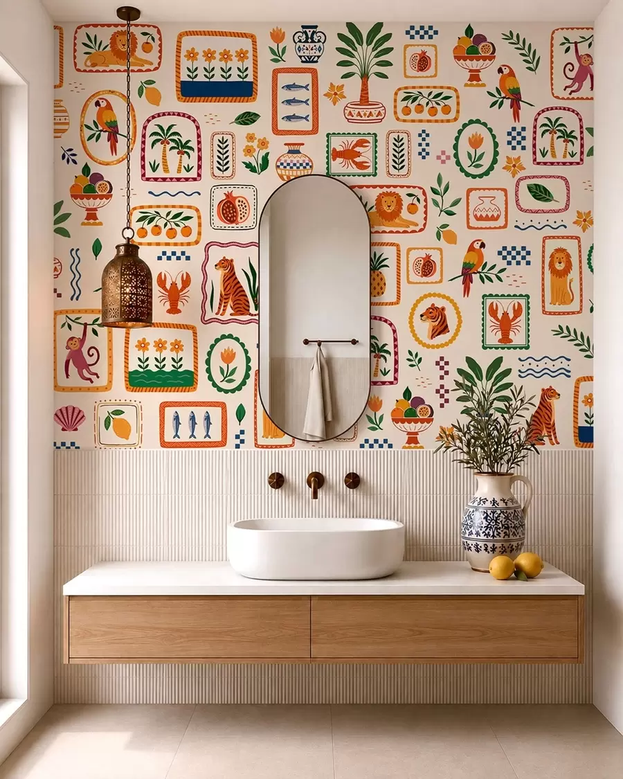 murales de pared Diseño colorido con animales, plantas y frutas w05885