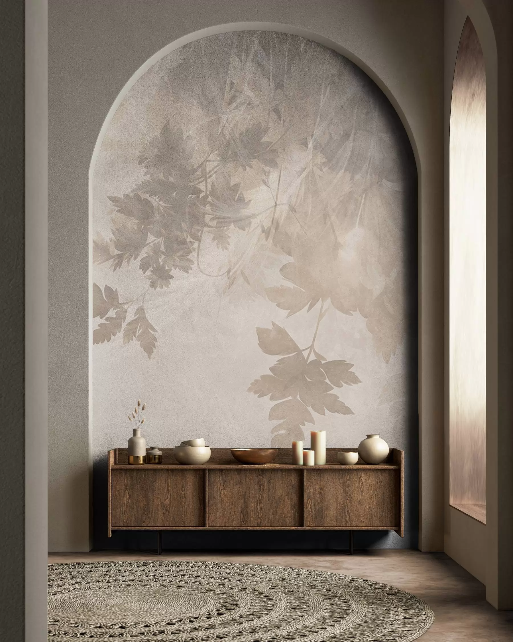 murales de pared Hojas y ramas con textura sobre un fondo beige suave y apagado w10020