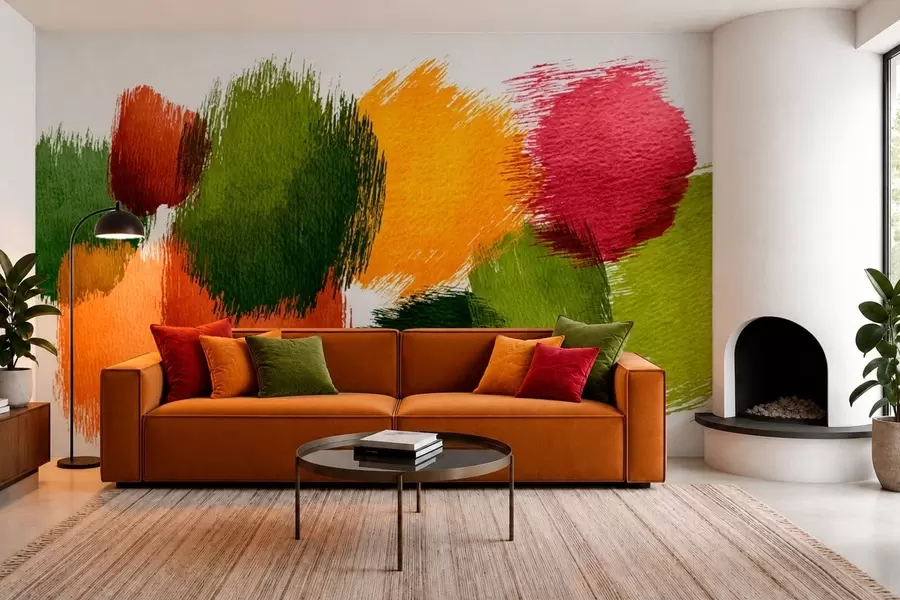 murales de pared Trazos abstractos en verde, naranja y rosa w05859