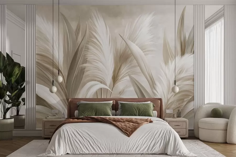 murales de pared Hojas decorativas de color pálido y flores plumosas w05863