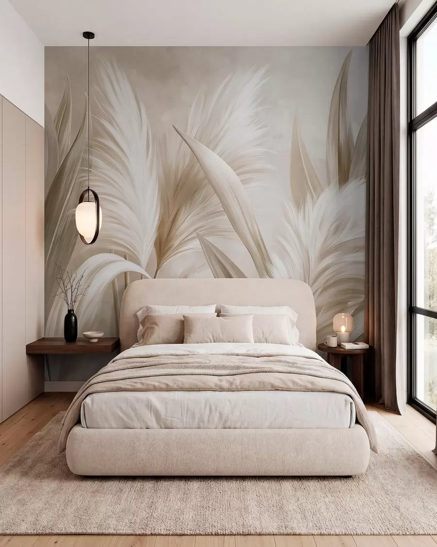 murales de pared Hojas decorativas de color pálido y flores plumosas w05863