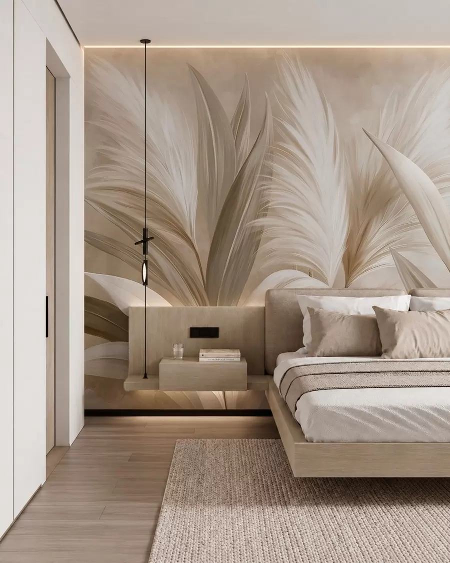 murales de pared Hojas decorativas de color pálido y flores plumosas w05863