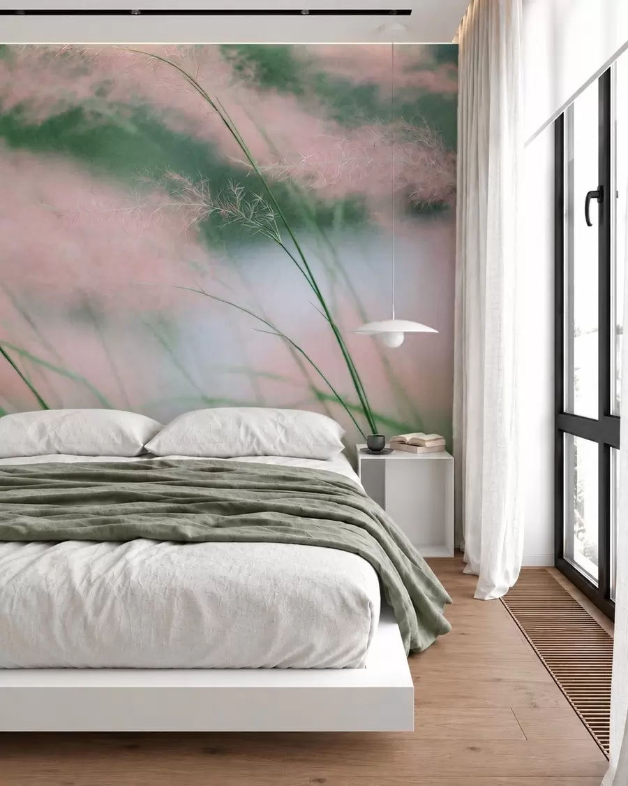 murales de pared Delicadas hierbas rosadas sobre un fondo verde suave w05886