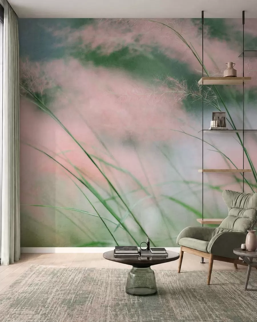 murales de pared Delicadas hierbas rosadas sobre un fondo verde suave w05886
