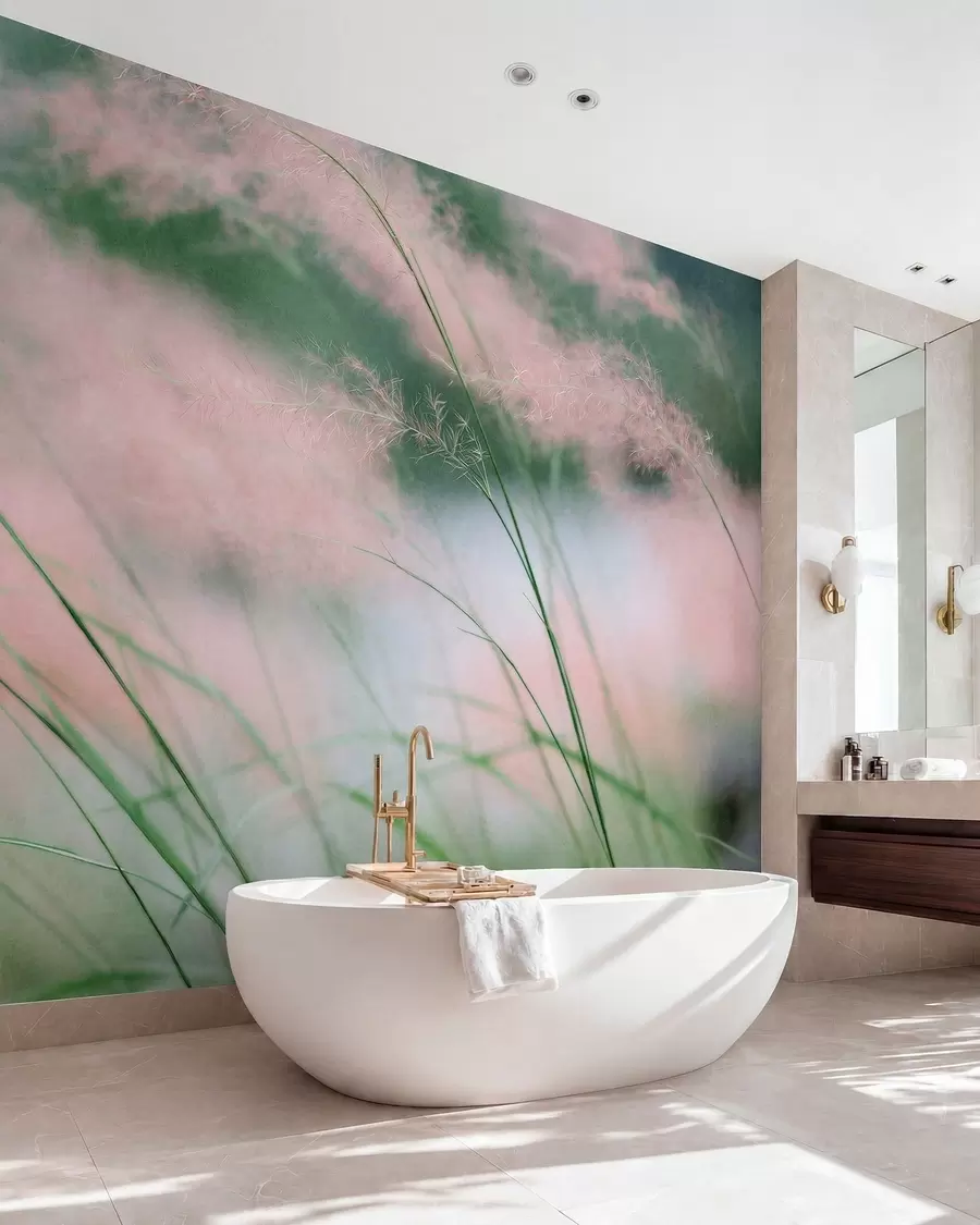 murales de pared Delicadas hierbas rosadas sobre un fondo verde suave w05886