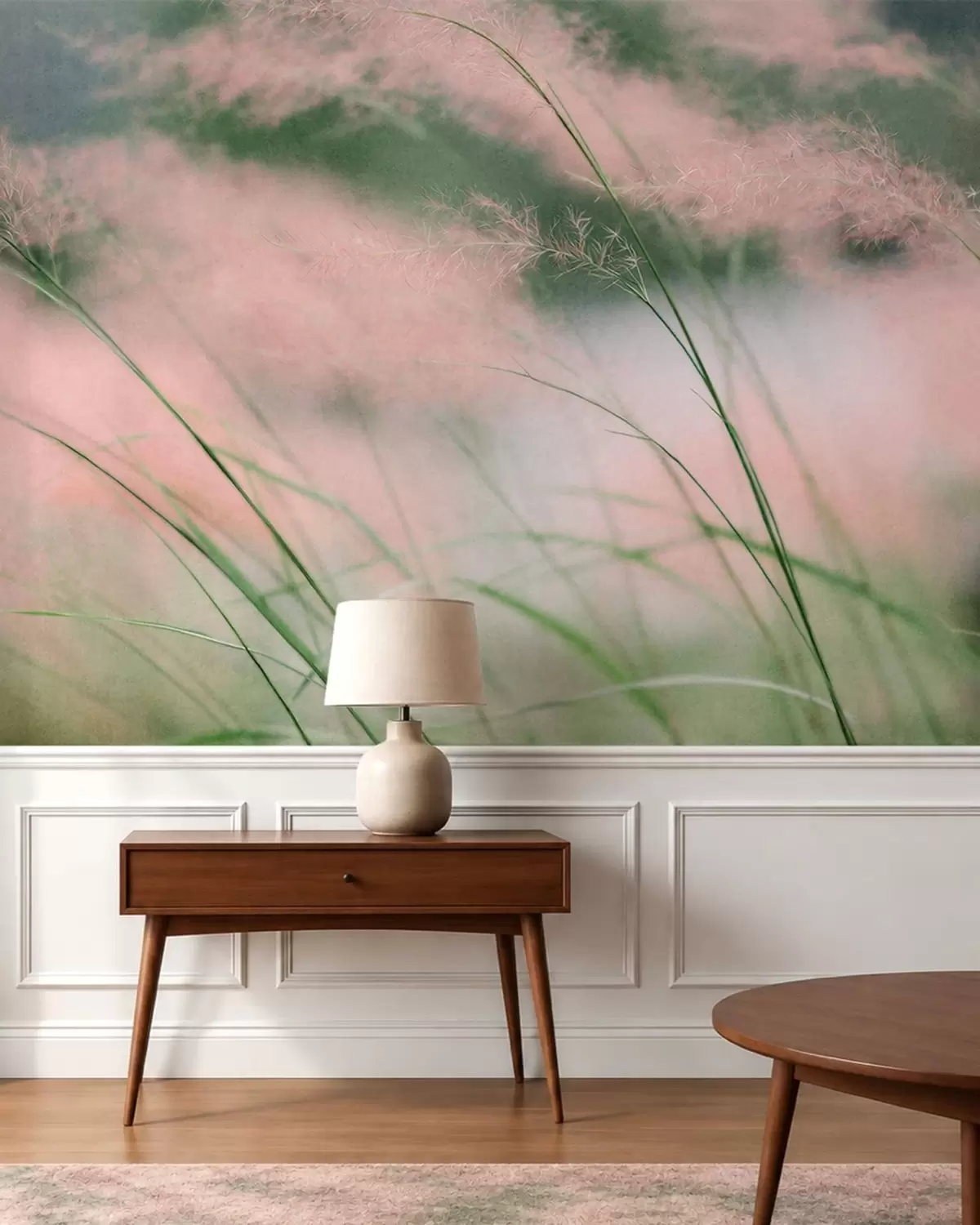 murales de pared Delicadas hierbas rosadas sobre un fondo verde suave w05886v1