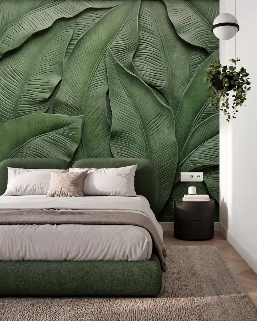 murales de pared Patrón denso de hojas verdes grandes w05887