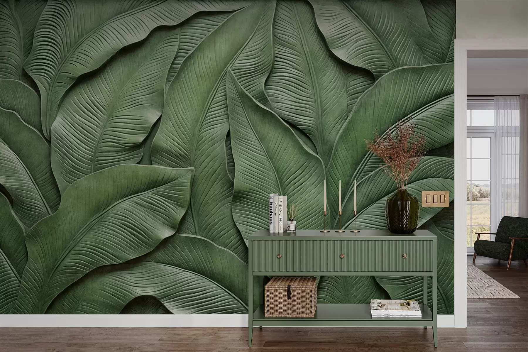 murales de pared Patrón denso de hojas verdes grandes w05887