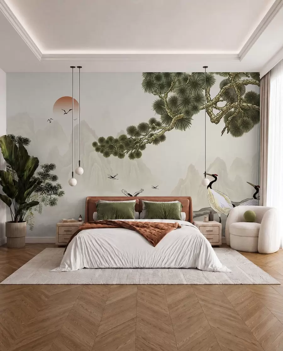 murales de pared Montañas, cigüeñas bajo el pino u34508