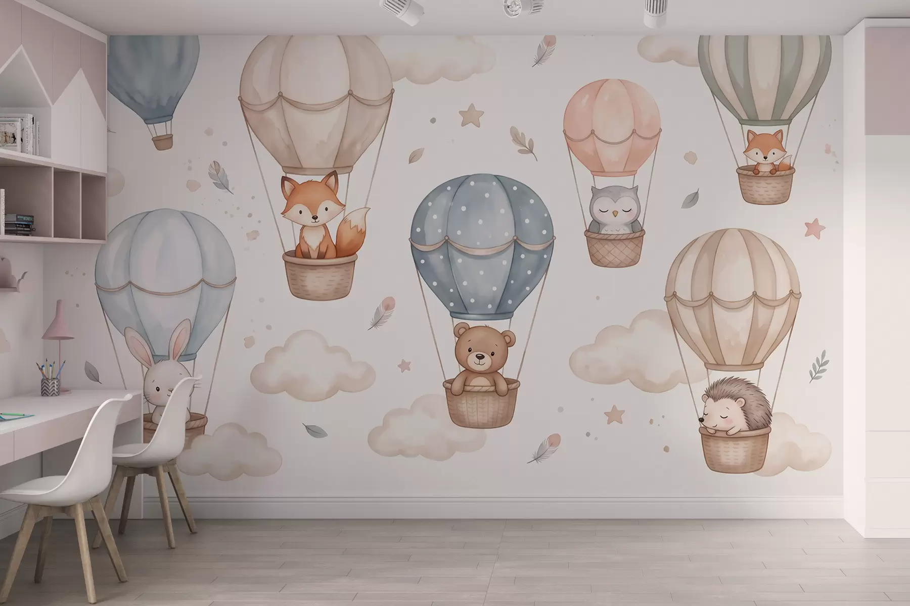 murales de pared Animales del bosque en globos aerostáticos, estilo acuarela, paleta de colores pastel w10001