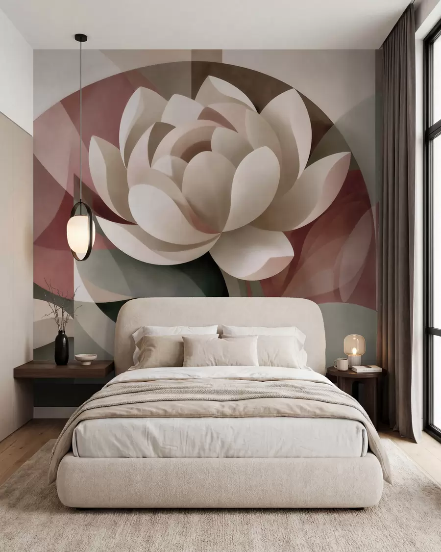murales de pared Gran flor abstracta realizada con una técnica geométrica facetada, en una paleta de colores apagados que van del empolvado al esmeralda. w10035