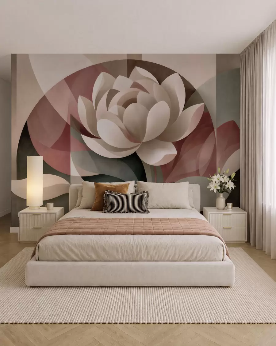 murales de pared Gran flor abstracta realizada con una técnica geométrica facetada, en una paleta de colores apagados que van del empolvado al esmeralda. w10035