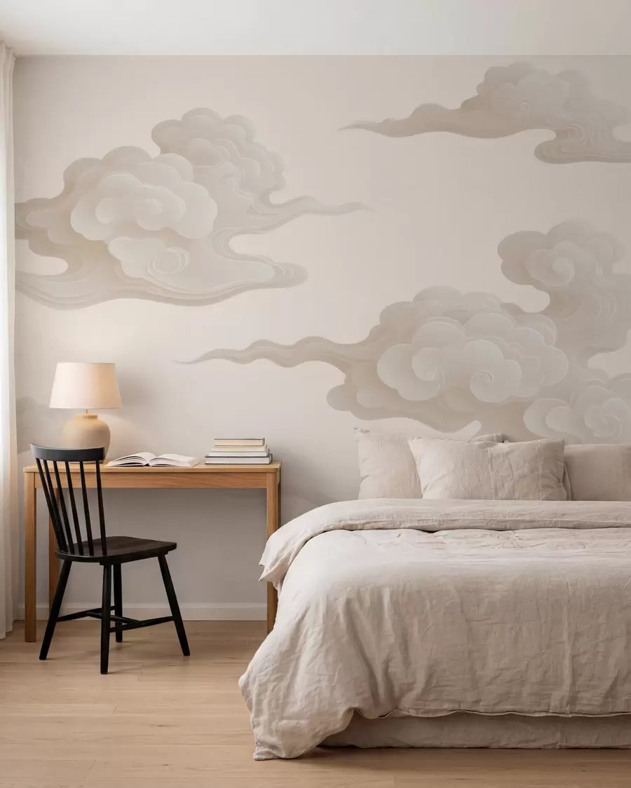 murales de pared Nubes orientales minimalistas en tonos beige y crema w10036