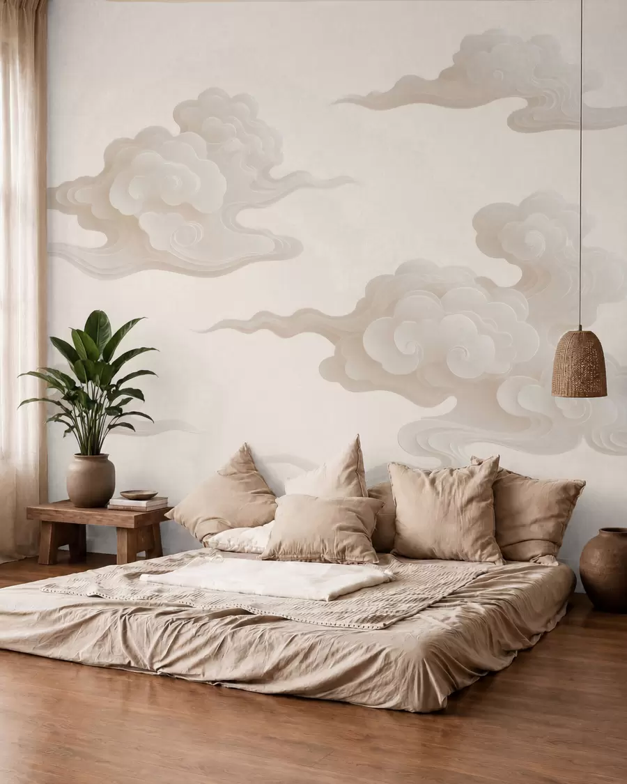 murales de pared Nubes orientales minimalistas en tonos beige y crema w10036
