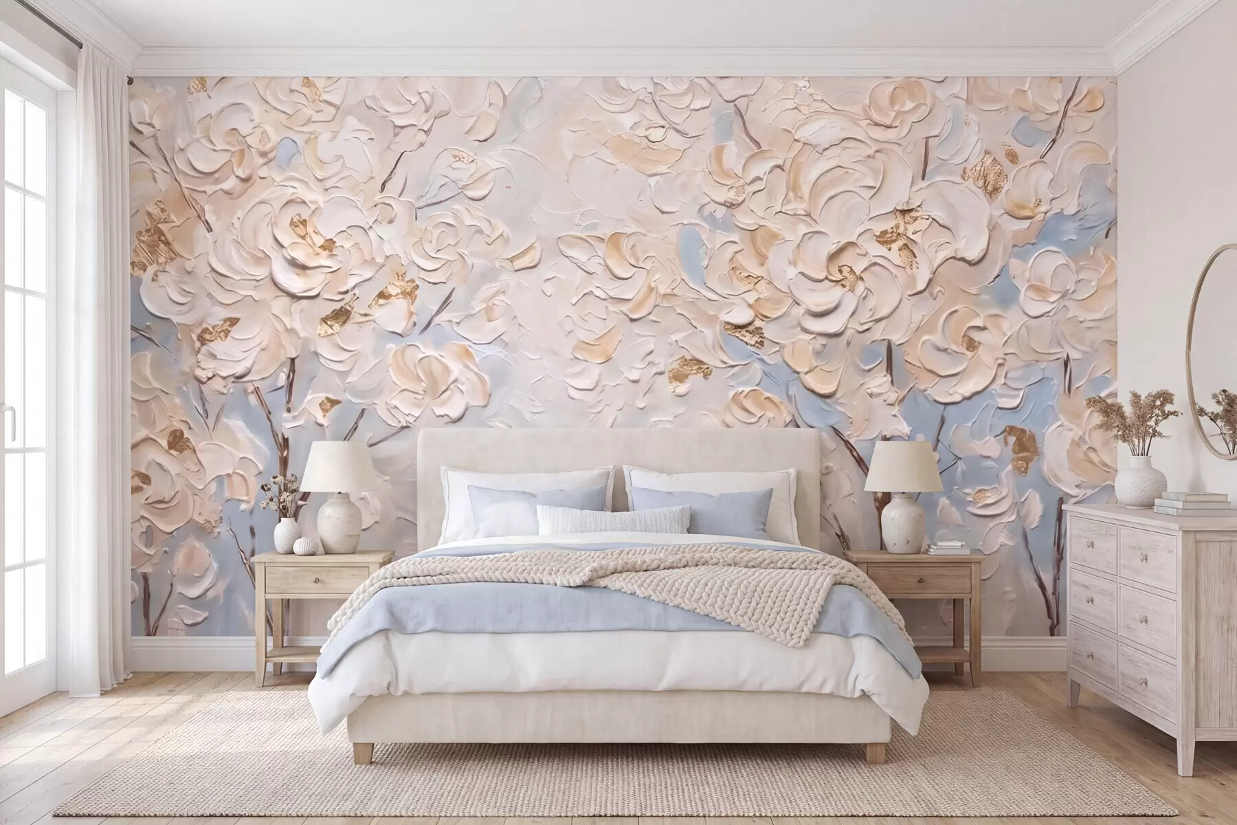murales de pared Árboles cubiertos de voluminosas flores blancas, imitación de un cuadro al óleo w10039