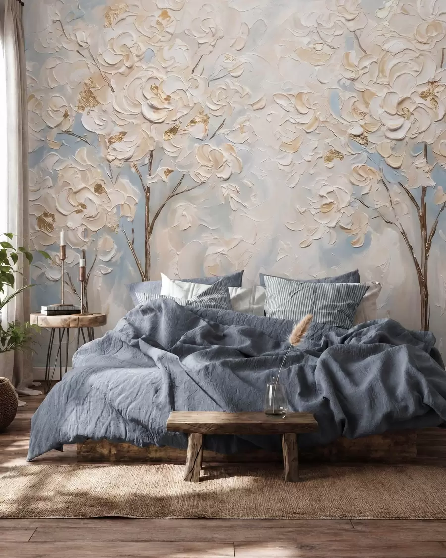 murales de pared Árboles cubiertos de voluminosas flores blancas, imitación de un cuadro al óleo w10039