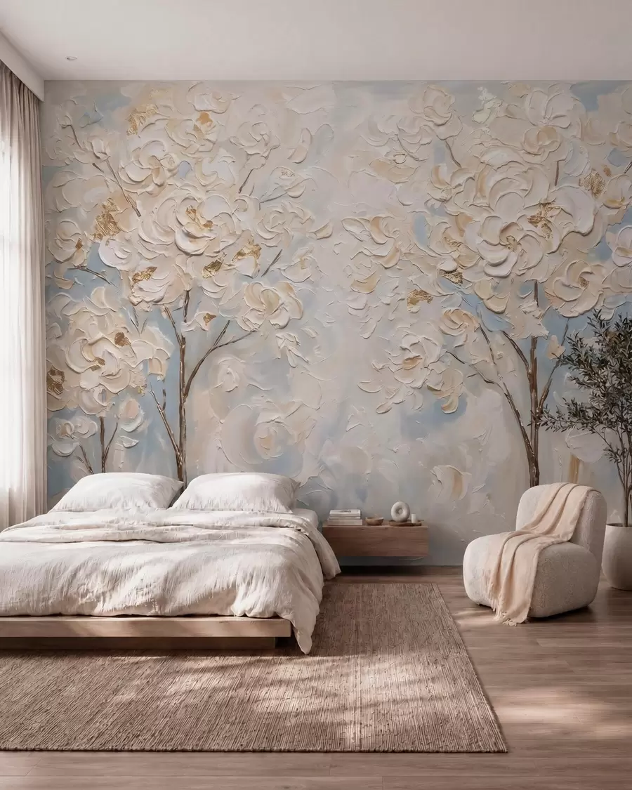 murales de pared Árboles cubiertos de voluminosas flores blancas, imitación de un cuadro al óleo w10039