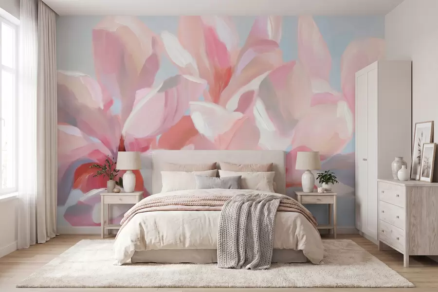 murales de pared Primer plano de una magnolia rosa, imitación de una técnica pictórica suave w10043