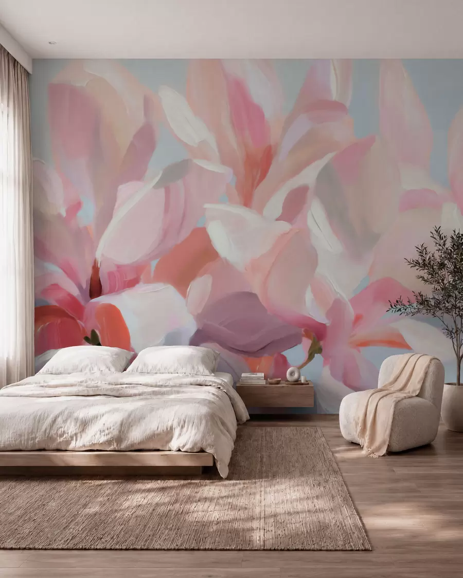 murales de pared Primer plano de una magnolia rosa, imitación de una técnica pictórica suave w10043