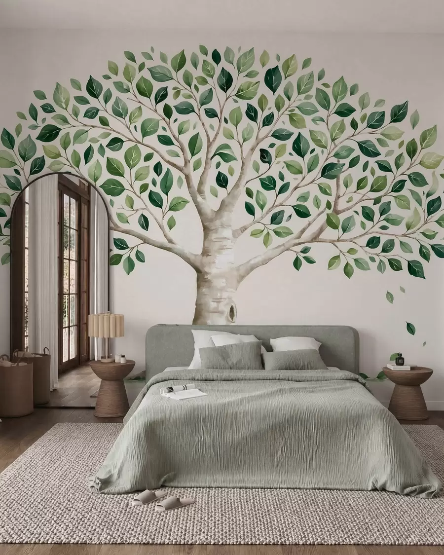 murales de pared Árbol con follaje verde, estilo acuarela, minimalista w10046