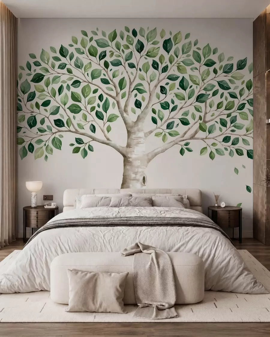 murales de pared Árbol con follaje verde, estilo acuarela, minimalista w10046