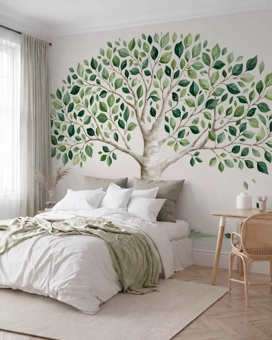 murales de pared Árbol con follaje verde, estilo acuarela, minimalista w10046