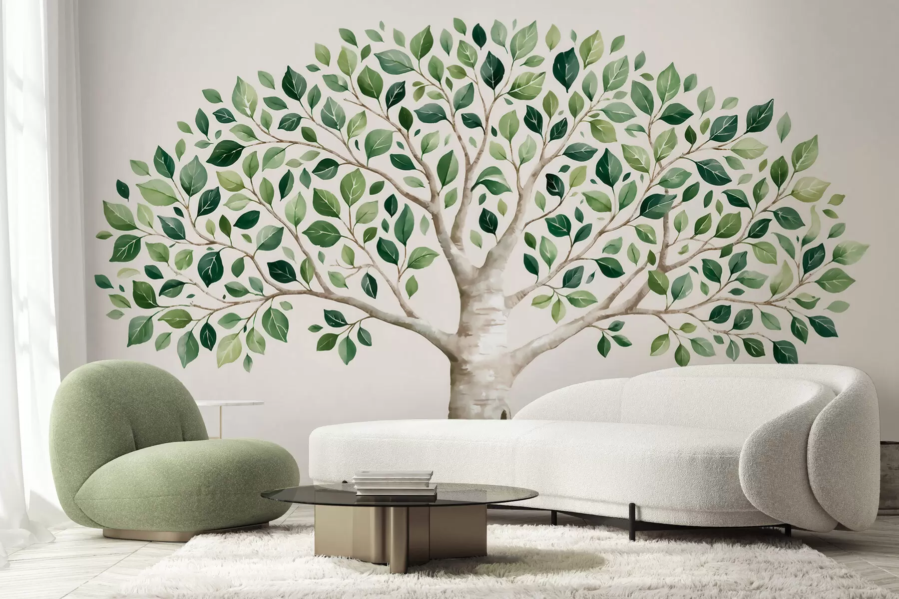 murales de pared Árbol con follaje verde, estilo acuarela, minimalista w10046