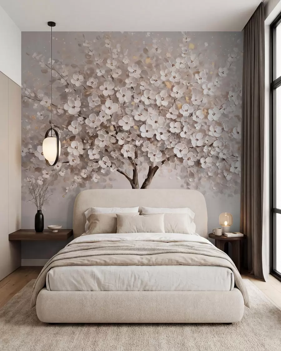 murales de pared Árbol en tonos pastel, de estilo pictórico al óleo, con pinceladas marcadas w10050